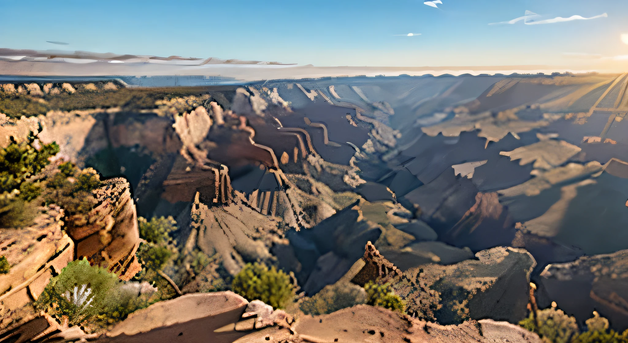 Advertising photo, panoramic wide angle shot, at grand canyon, full view, shoot from top of rock, overlooking the mountain & valley, , enjoy the scene, 8k photorealistic, 8k photorealistic, in dawn with the sun just rise at far