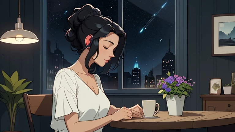 Late at night, a Beautiful woman in her 30s with black hair up is sitting on the chair with her eyes closed in a stylish kitchen. Cozy wallpaper, Gwydz style artwork, LOFI girls, trending at cgstation, relaxed mood, nightcore, cozy, night, wide glass windows, starry sky, table, chair, fridge, sink, V-neck blouse, and she was the only one in the room. beautiful flower. Plants, 2D style animation, looking down.Well-proportioned face, Outside the window is a pitch black starry sky, blue wall, kitchen is dimly, She is wearing headphones and listening to music