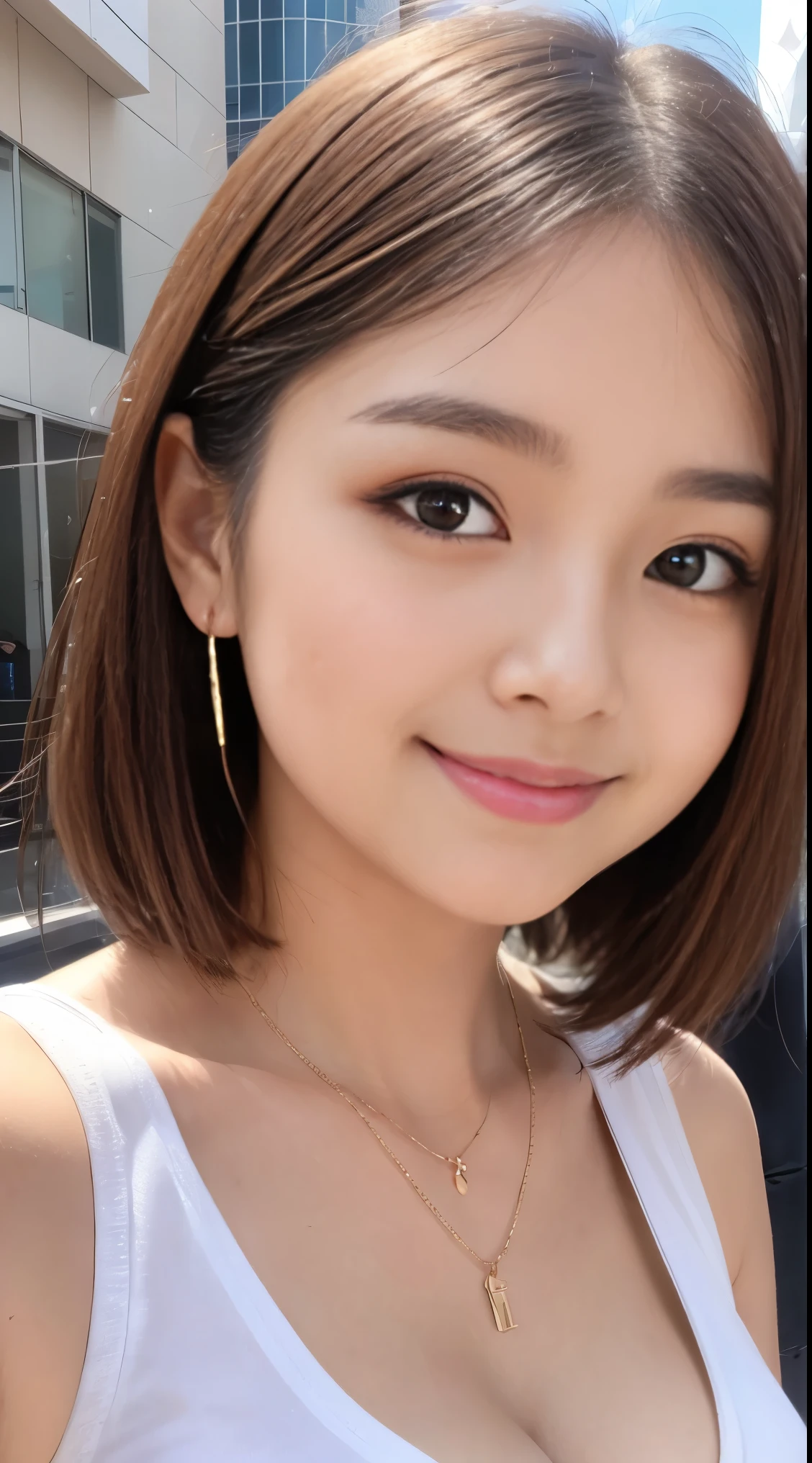 masterpiece, highest quality, 8k, disorganized person, (Upper Body:1.4), White shirt, Beautiful girl, Beautiful face, Looking at the audience, smile, Ultra-realistic, High resolution, picture, The focus was clear, High resolution, Face Light, Dynamic Lighting, Cinema Lighting, Professional Shadow, Beautiful cityscape background, Best details, Very detailed, Very detailed, Finely detailed, Real Skin, Delicate facial features, Detailed face and eyes, Sharp pupils、Realistic students、short hair、smile、Japanese girl、16 years old、Cleavage、White shirt、round face、Idol face、necklace、Earrings