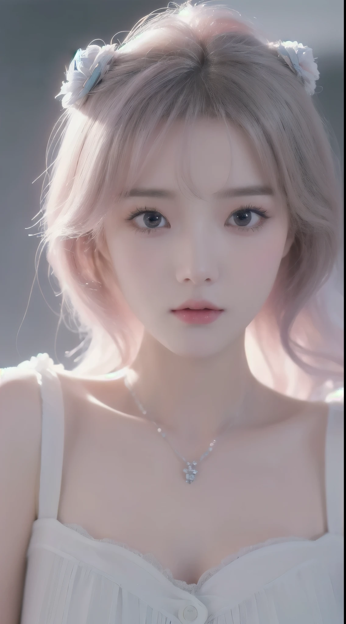 (daydream), 1girl, solo picture, Kim Yoo-jung, (bauty goddes face (Russian)), focus chest, (insult strip colour hair), (8k HD extremely realistic detailed face:1.5 (soft scene, very low lightning), detailed beautiful reflection pupils, masterpiece:1.3, ultra highres:1.2, dynamic lighting)