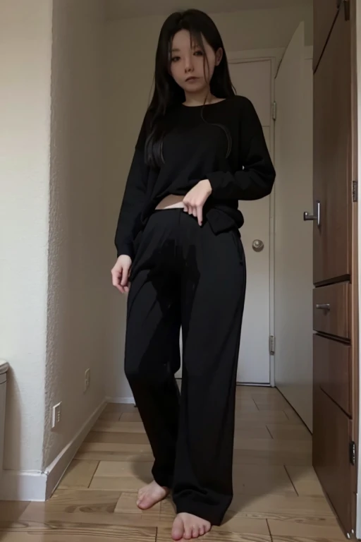 Japanese Girl sees the ghost and pees her black palazzo pants until her pants are wet in fright.