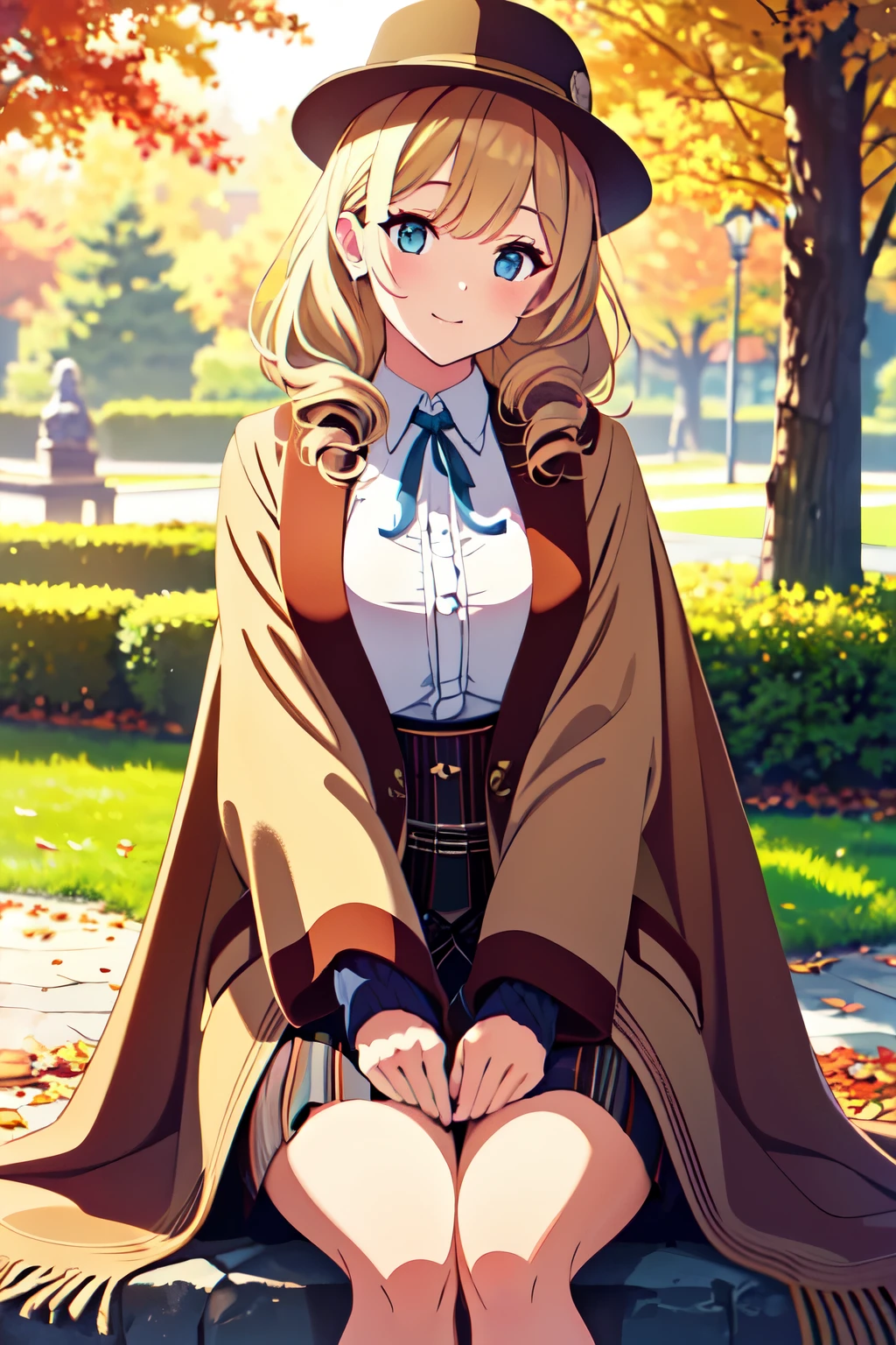 best quality, masterpiece, high resolution, steam punk,//A park filled with autumn foliage, lady wearing cropped shirt, ea cozy blanket, blonde hair, sexy pose