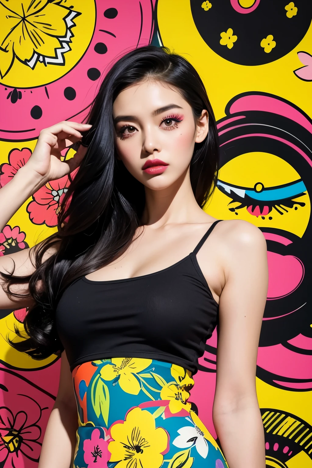 Create digital artwork in pop art style, Expressing a vibrant and confident woman with bold makeup and colorful fashion, cinematic color scheme, Surrounded by vintage floral patterns, energetic brush strokes,Mood should be dynamic, upper body, painting, illustration, Grayscale, vehement, Ardubon Fruit, adubon plant, many flowers, vector, painting oil, asian girl, black eye