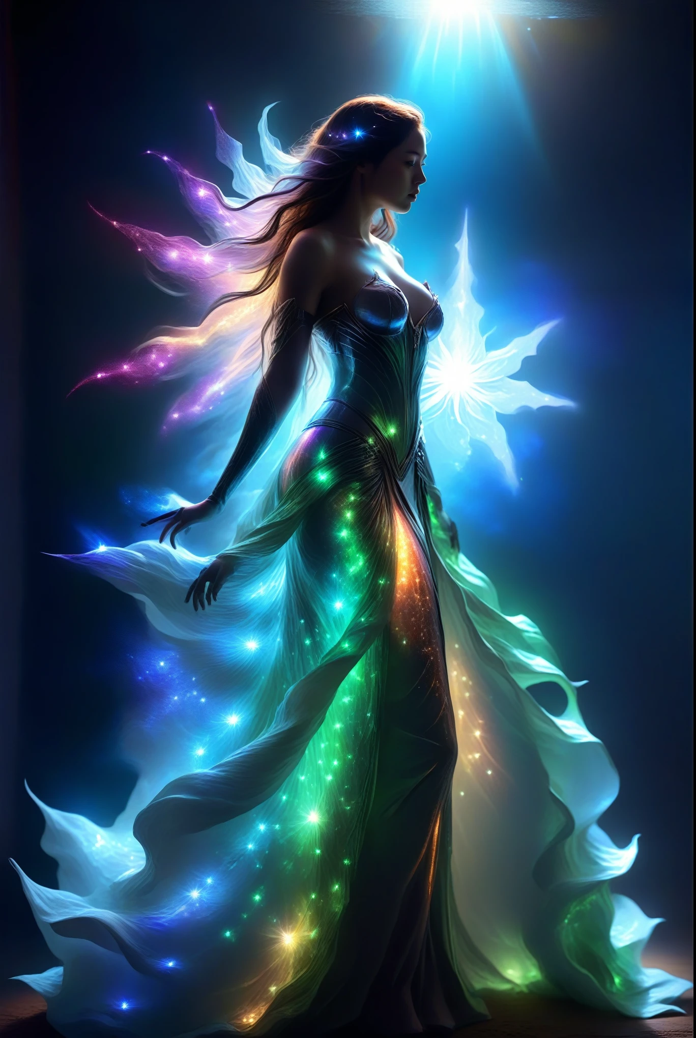 woman, long hair, sunlight, gigantic breasts, iridescent dress, glowing stars, A digital illustration, glowing stars, defraction spikes, chromatic aberration, bloom AND (glowing, holofoil:0.6), a beautiful fantasy empress, guweiz, ruan jia and artgerm, beautiful fantasy maiden, japanese goddess, It was empty inside and she didn't even wear a bra, When she moved her body, her two fat and white breasts swayed left and right, Under the friction with her clothes, her two lotus seed-sized nipples actually stood up, making her clothes bulge out by two pointed,