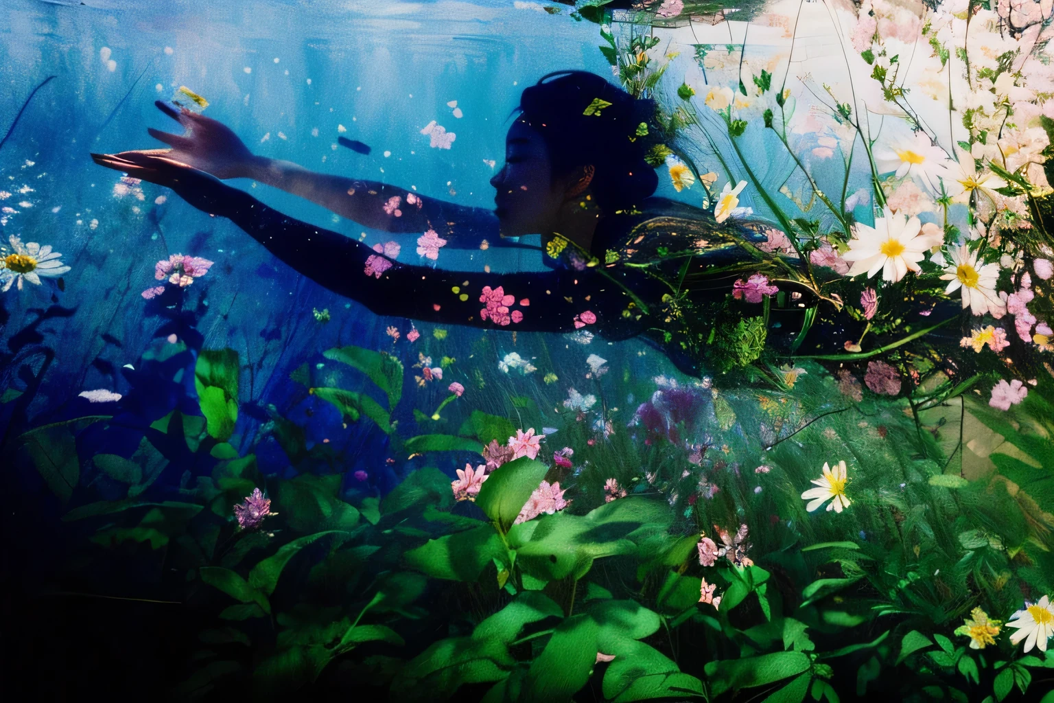 Photography，A Chinese female model swims among flowers。A woman standing among flowers，Open your arms, 35mm film double exposure!, Flowers grow from the body, 35mm Double Exposure Photo, Woman in flowers