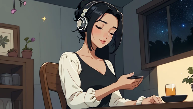 Late at night, a Beautiful woman in her 30s with black hair up is sitting on the chair with her eyes closed in a stylish kitchen. Cozy wallpaper, Gwydz style artwork, LOFI girls, trending at cgstation, relaxed mood, nightcore, cozy, night, wide glass windows, starry sky, table, chair, fridge, sink, V-neck blouse, and she was the only one in the room. beautiful flower. Plants, 2D style animation, looking down.Well-proportioned face, Outside the window is a pitch black starry sky, She is wearing headphones and listening to music