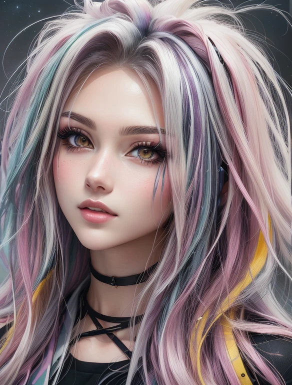 Close-up of a woman with bright hair and makeup, anime style 3d, epic 3d abstract emo girl, stunning anime face portrait, Photorealistic render of an anime girl, Anime style realism, kawaii realistic portrait, realistic anime style, Hyper realistic anime., detailed portrait of an anime girl, anime style, anime girl with space hair, anime inspired, anime style digital art