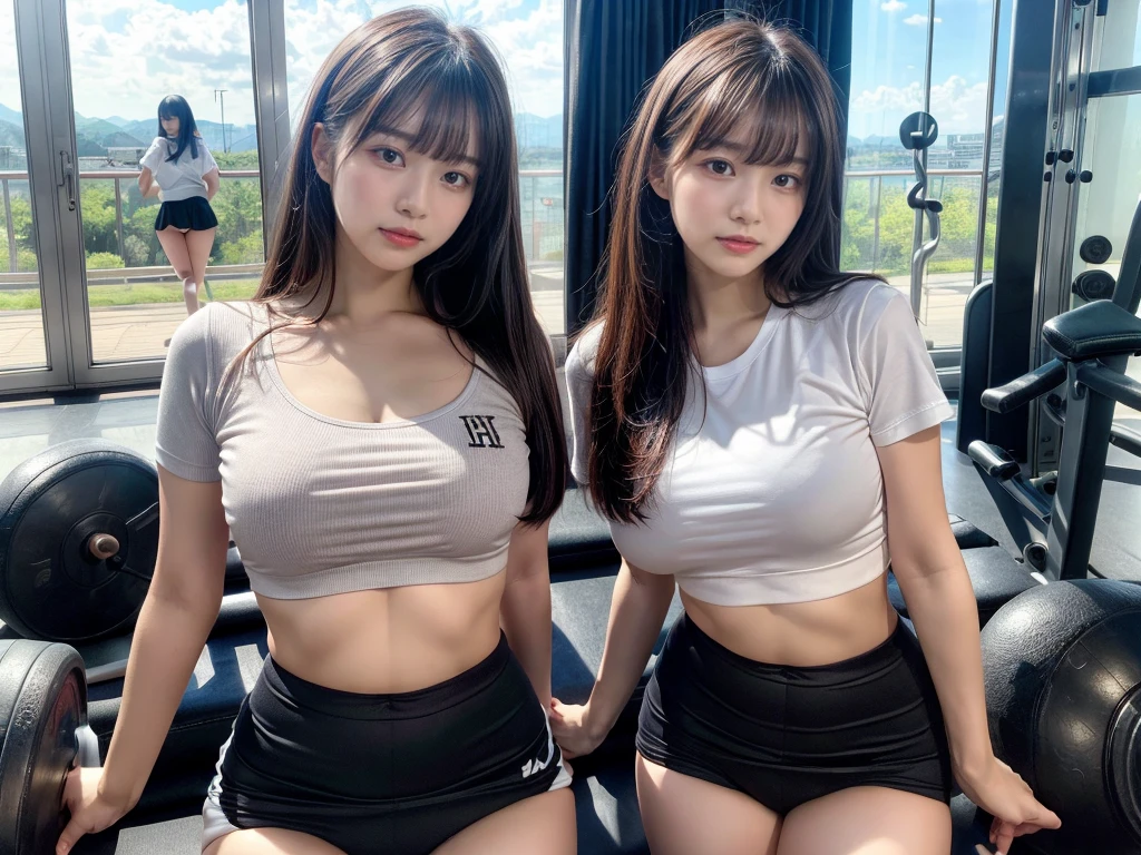 (RAW photo, 4k, masterpiece, high resolution, extremely complex) (realistic: 1.4), cinematic lighting
 ((2 girls)),Slam Dunk's,blushing,((innocent)),(Dark makeup),bright eyes,round eyes,blunt bangs,(straight hair:1.3),black hair,medium breasts,wide hips,Summer Noon,  girl、cute type、lolita,Hot, (Best Quality), (Highres), (an Extremely Delicate and Beautiful),(Beautiful 8k face),(Brown eyes),short bob hair,( spectators),(expresses the roundness and softness of your chest, Don't expose it),(Play with each other,Touching each other's bodies,Touching the body),(School-specified gym clothes, white gym uniform, short sleeve, wine red tight bloomers, tuck in),(reality),bright lighting,(The background is a luxury hotel room)