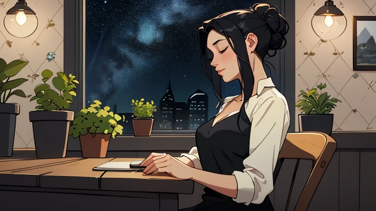 Late at night, a Beautiful woman in her 30s with black hair up is sitting on the chair with her eyes closed in a stylish kitchen. Cozy wallpaper, Gwydz style artwork, LOFI girls, trending at cgstation, relaxed mood, nightcore, cozy, night, wide glass windows, starry sky, table, chair, fridge, sink, V-neck blouse, and she was the only one in the room. beautiful flower. Plants, 2D style animation, looking down.Well-proportioned face, Outside the window is a pitch black starry sky, She is wearing headphones