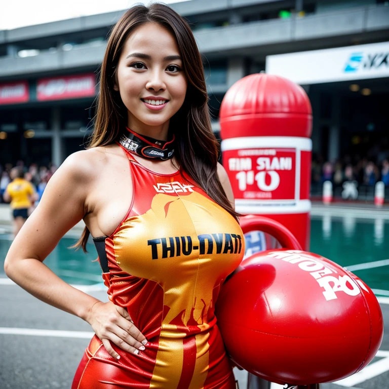 (thai women),(F1),(promotion girl costume:1.6),(huge breasts:1.5),(slim body:1.3),(smile),(race venue:1.5),(cowboy shot),(best quality, masterpiece)