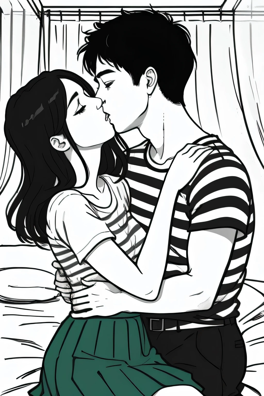 Amazing portrait of a sexy and woman wearing a black and white striped t shirt and a dark green skirt kissing and making out passionately with a shirtless boy on the bed in an intimate setting
