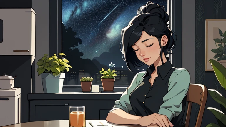 Late at night, a Beautiful woman in her 30s with black hair up is sitting on the chair with her eyes closed in a stylish kitchen. Cozy wallpaper, Gwydz style artwork, LOFI girls, trending at cgstation, relaxed mood, nightcore, cozy, night, wide glass windows, starry sky, table, chair, fridge, sink, blouse, and she was the only one in the room. beautiful flower. Plants, 2D style animation, looking down.Well-proportioned face, Outside the window is a pitch black starry sky, She is wearing headphones and listening to music