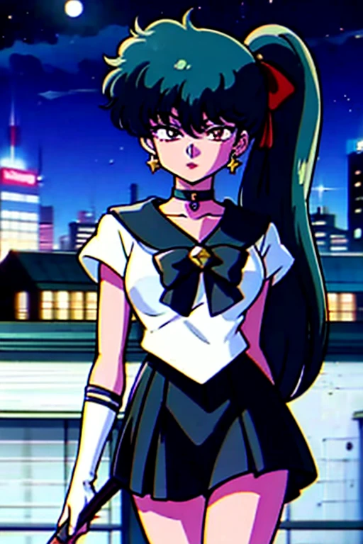 masterpiece, best quality, 1girl, solo, looking at viewer, facing viewer, night, rooftop, city, cityscape, anime screencap,1990s \(style\), (art by Naoko Takeuchi),EPsmPluto, arrow earrings, bishoujo senshi sailor moon, black bow, black choker, black sailor collar, black skirt, bow, brooch, choker, circlet, elbow gloves, garnet rod, gem, gloves, green hair, jewelry, long hair, meiou setsuna, miniskirt, pleated skirt, red eyes, red gemstone, sailor collar, shirt, short sleeves, skirt, solo, star (symbol), star choker, swept bangs, very long hair, white shirt