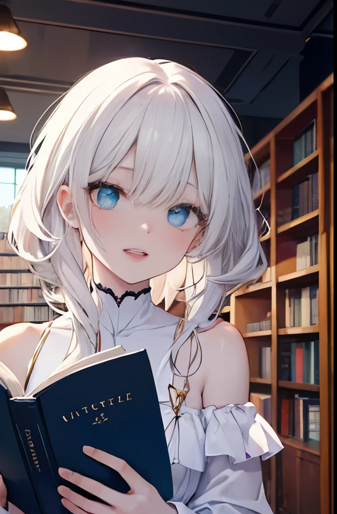 Masutepiece, Highest Quality, (Perfect face:1.1), (high detailing:1.1), (ultradetailed eyes), Dramatic,superfine illustration,Extremely detailed,1girl in,teenager,(pale skin),(long white hair:1.4),Ethereal eyes,Blue eyes,((With eyes highlights:1.4)),Solo,Smile,Happy,Laugh,Enjoy, Open mouth,Pouty lips,Cinematic lighting, Cowboy Shot,whitedress, off shoulder,indoor,library,reading the book