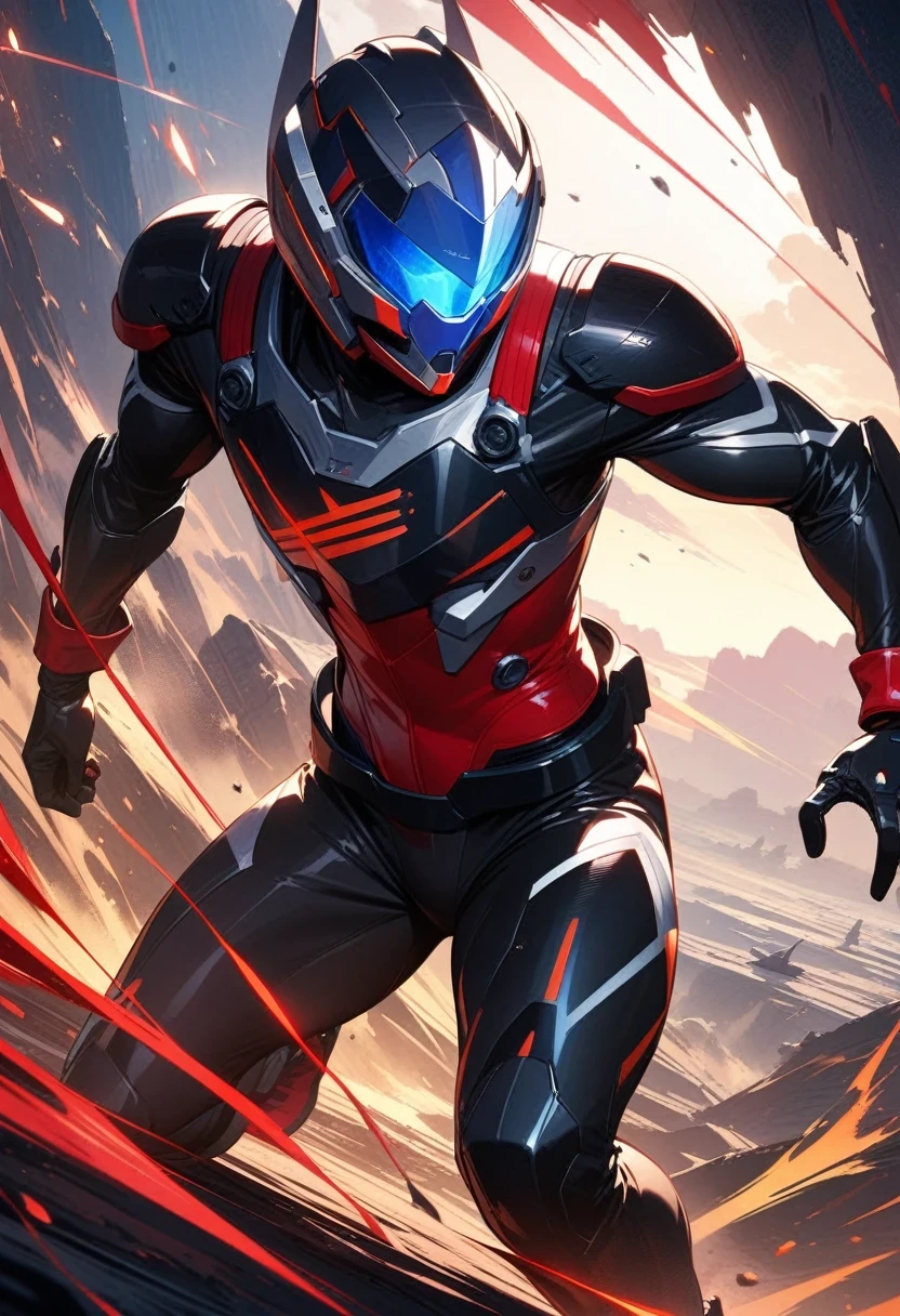 1 hero, Set in a dynamic battle scene, the character wears a tight-fitting combat suit with agility and stealth, and a sophisticated futuristic aesthetic, wearing a tight silver combat uniform, with a stern expression In the background, you can see the planet dyed red and the battle between Starfleet, the battle uniform fits the body, and the helmet and battle uniform are made of shiny metallic material, ((Masterpiece)), ((Best Quality)), (Very Detailed), (Very Detailed)), 4K, (8K), very aesthetic, absurdres, highres,