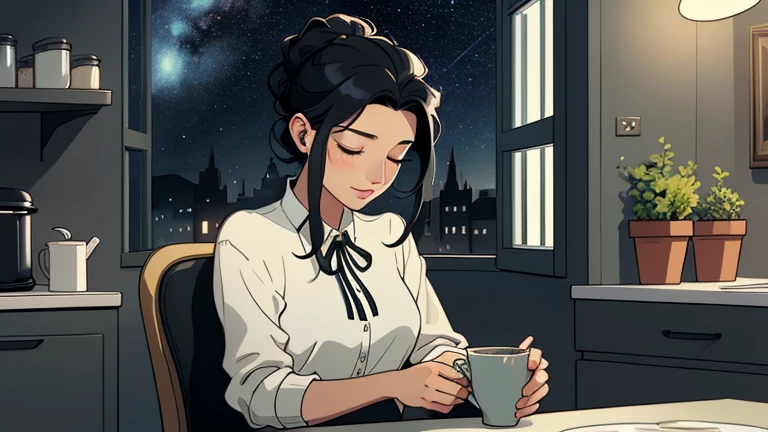 Late at night, a Beautiful woman in her 30s with black hair up is sitting on the chair with her eyes closed in a stylish kitchen. Cozy wallpaper, Gwydz style artwork, LOFI girls, trending at cgstation, relaxed mood, nightcore, cozy, night, wide glass windows, starry sky, table, chair, fridge, sink, blouse, and she was the only one in the room. beautiful flower. Plants, 2D style animation, looking down.Well-proportioned face, Outside the window is a pitch black starry sky, She is wearing headphones