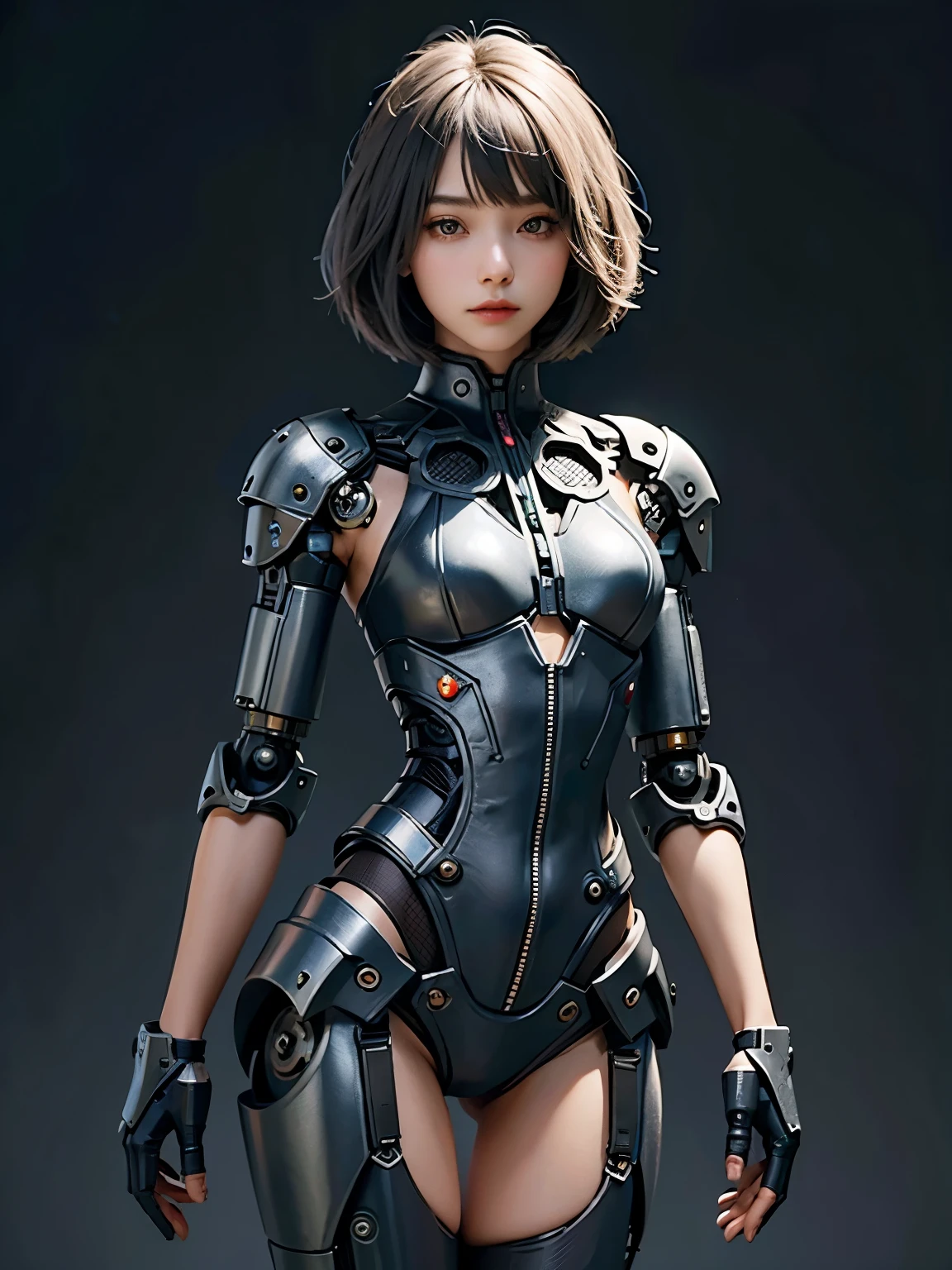 1 girl, Beautiful, bob hair, standing pose. Gray background. ((Mechanical body, intricate detail))