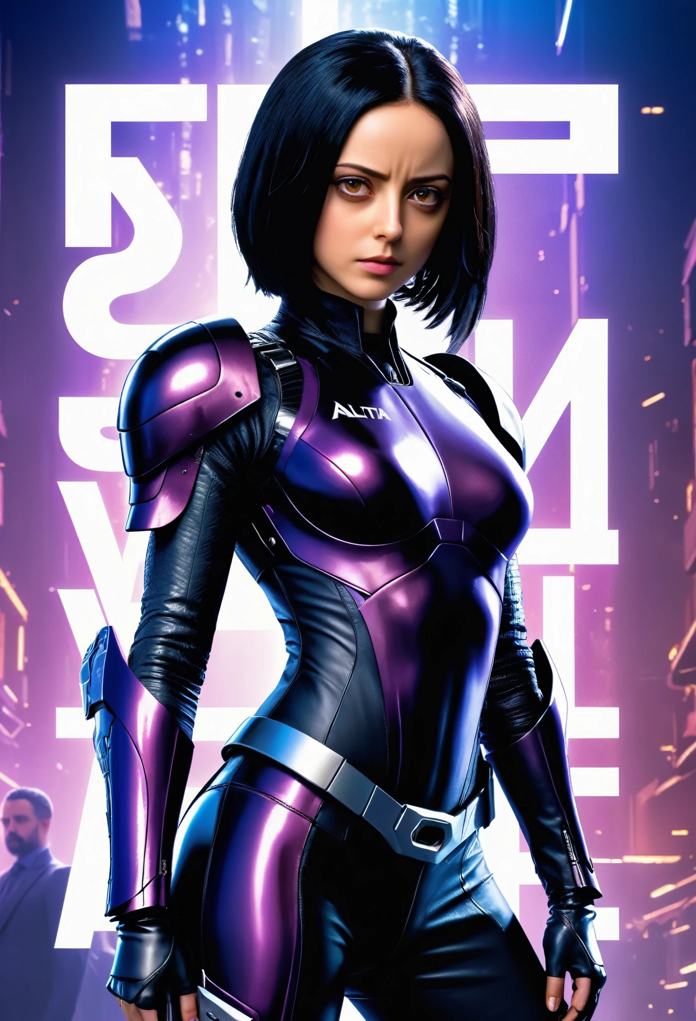 Alita battle angel full body costume with the words "ALTeacher Battle Angel" written on it, a poster for Aldto's new movie in black and purple color on one side of her suit, Alita vs. THE FE Perrin from cyberpunk, movie promotional photo, high resolution, high detail, high quality, high definition, high focus, high contrast, high sharpness, in the style of hyper realistic, in the style of hyper detailed, in the style of hyper photorealistic, in the style of hyperrealism, professional photography, octane render.
