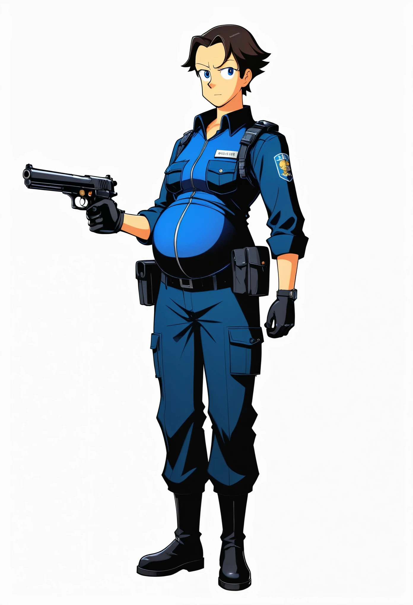 full body drawing of an animated character based on the game "aringo" in which there is very short hair, dark blue eyes and black uniform with gloves holding two guns on his hands, name tag says " homer", " Maternity portrait con Check FileSync." , white background, simple art style of Kentaro Miura