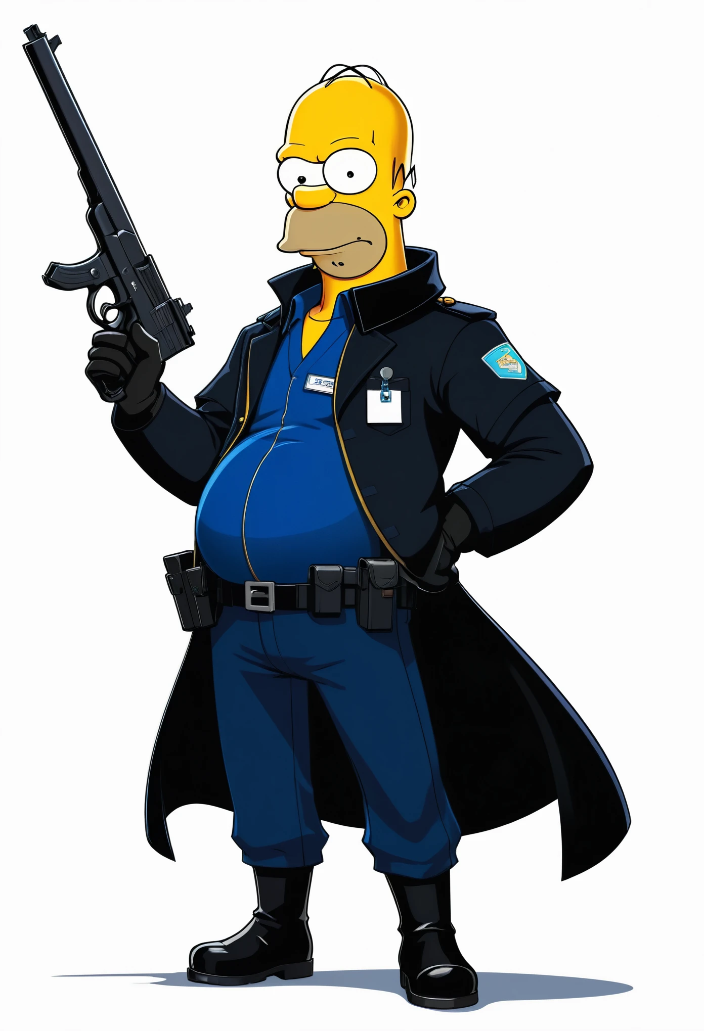 full body drawing of an animated character based on the game "aringo" in which there is very short hair, dark blue eyes and black uniform with gloves holding two guns on his hands, name tag says " homer", " Maternity portrait con Check FileSync." , white background, simple art style of Kentaro Miura