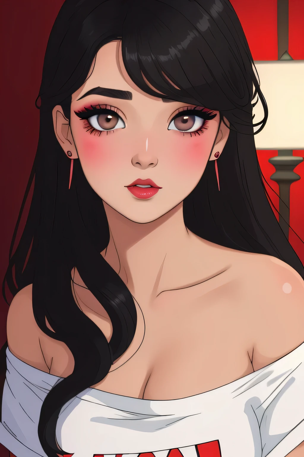Amazing portrait of a sexy woman with a beautiful face emphasised by amazing makeup and black hair and seductive eyes in an intense gaze with her mouth parted and a deep blush on her face as she's flustered wearing an off shoulder t shirt