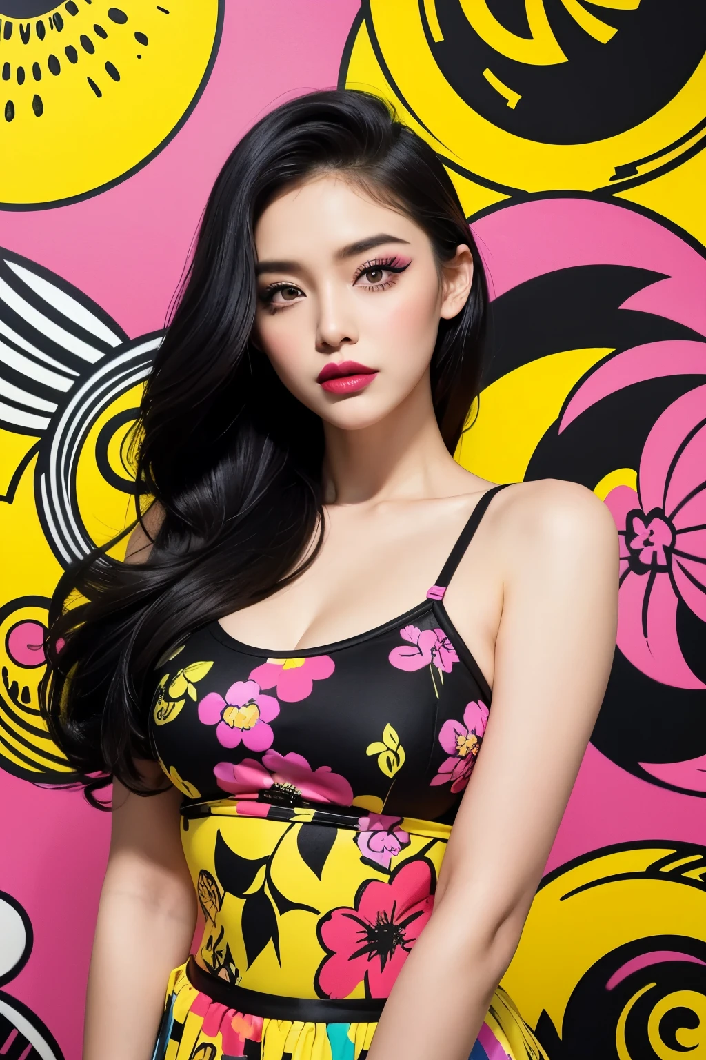 A beautiful woman wearing a 90s retro dress in front of a Mayan mural., model pose, (Highly detailed facial expressions), 