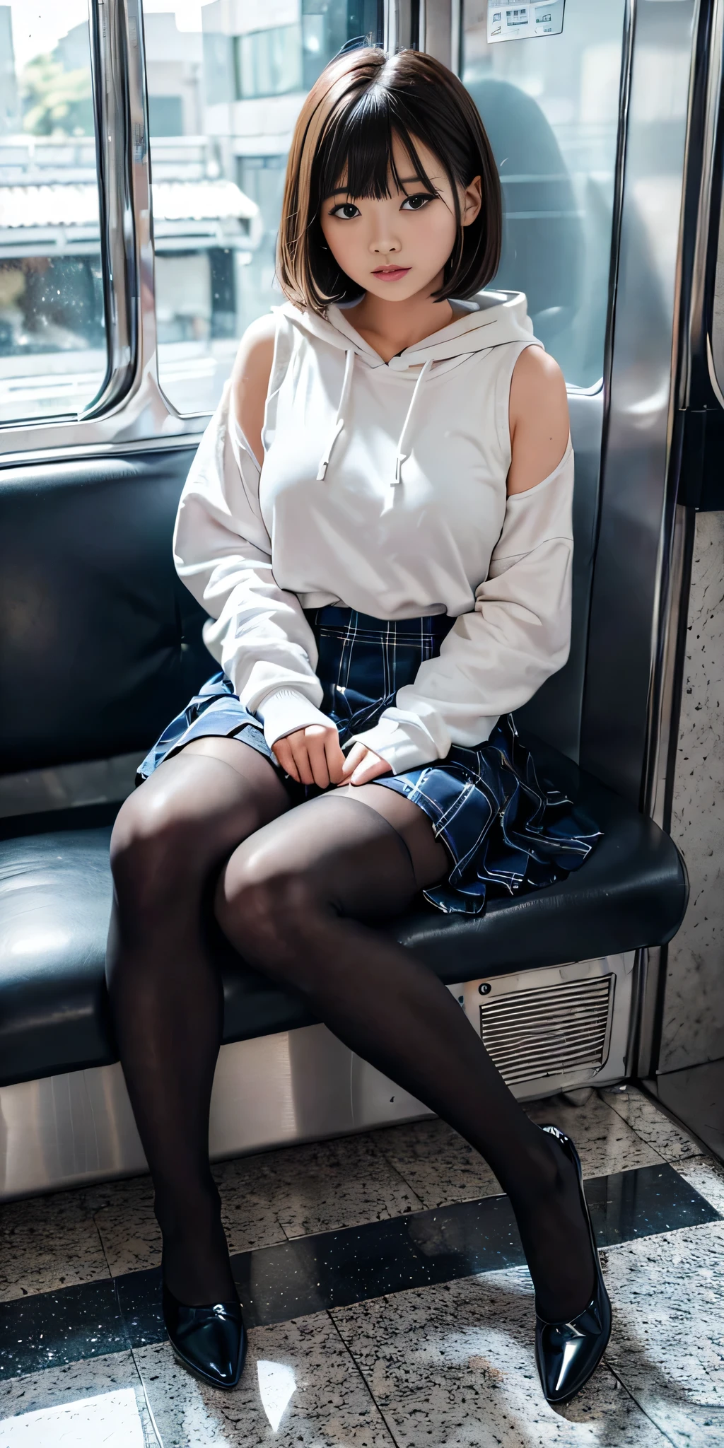 (masterpiece、Ultra-detailed、8k、Raw photo、highest quality:1.5)、((wonderful))、One woman、Beautifully detailed by hand、Short hair with bangs、(((Black Pantyhose)))、(((Crossing your legs)))、high school girl、18-year-old、((On the front))、uniform、Wearing a black hoodie、((Navy Check Mini Skirt))、in the train、blue sky、Sit on, Very glamorous body、Gravure idol、Very cute woman、Intense and glamorous body
