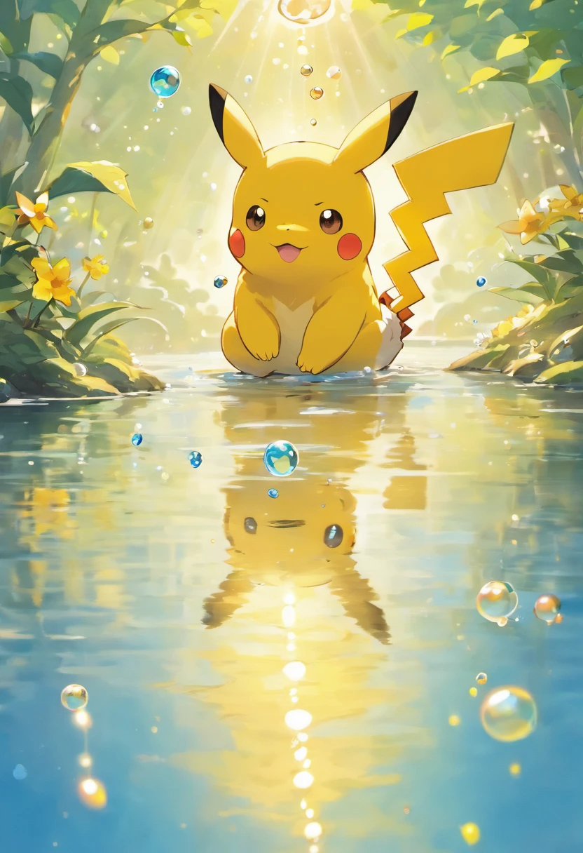A touching scene in ultra-high definition 3D showcasing Pikachu making a wish beside a tranquil lake. Pikachu, beautifully rendered in detail, is seen gently blowing bubbles into the air, each one carrying a hopeful wish. The bubbles catch the reflection of the setting sun, creating a dreamy, magical effect. The overall atmosphere is tender, filled with hope and serenity