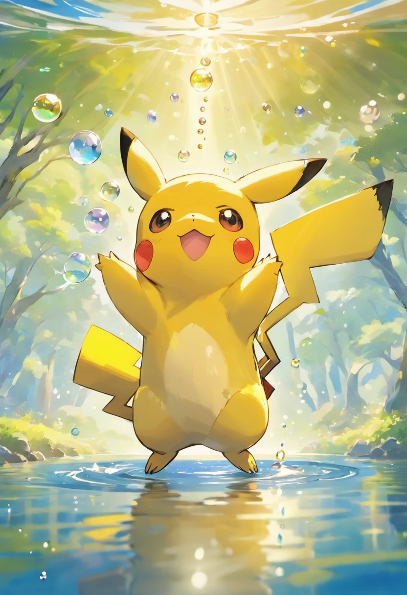 A touching scene in ultra-high definition 3D showcasing Pikachu making a wish beside a tranquil lake. Pikachu, beautifully rendered in detail, is seen gently blowing bubbles into the air, each one carrying a hopeful wish. The bubbles catch the reflection of the setting sun, creating a dreamy, magical effect. The overall atmosphere is tender, filled with hope and serenity