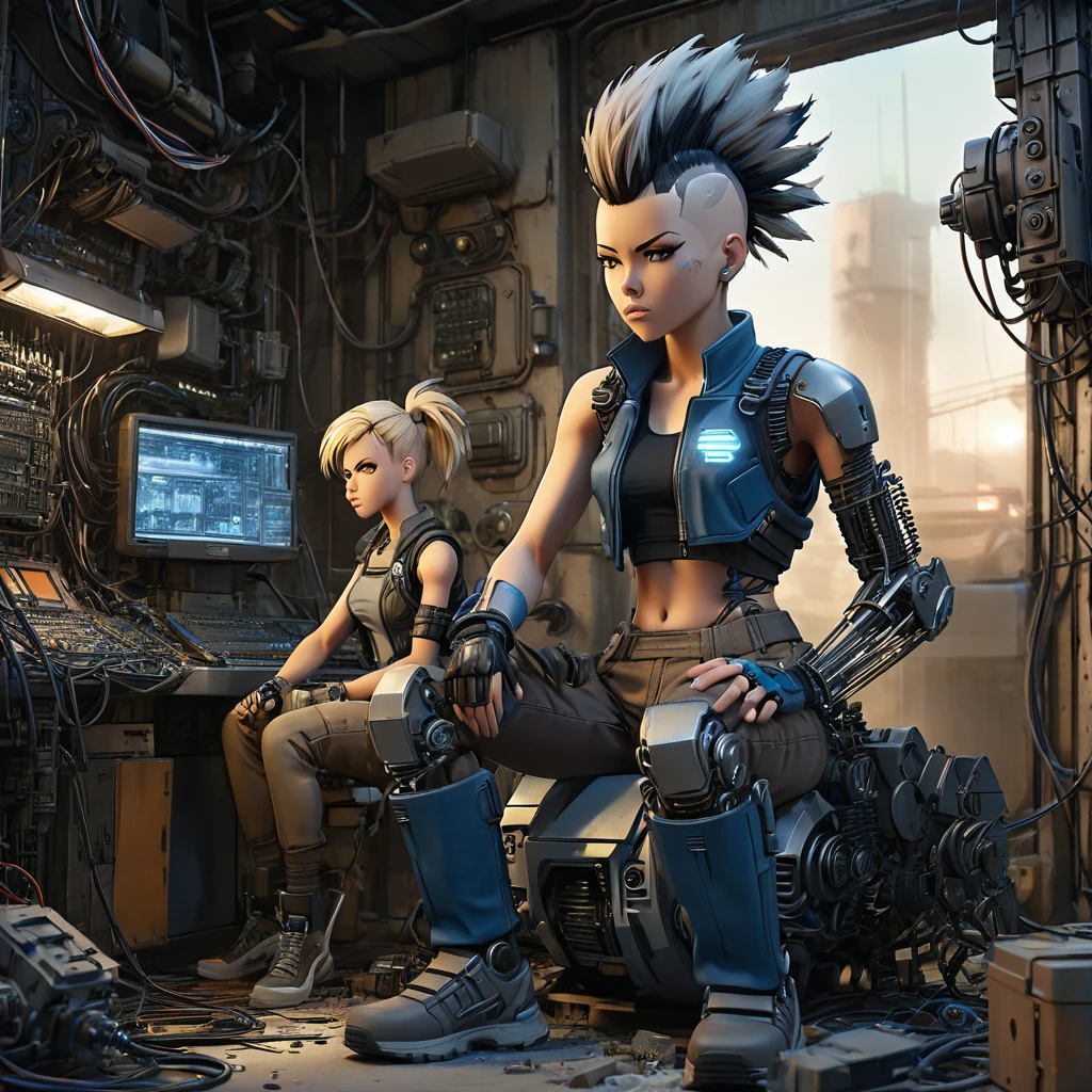 Create an image featuring two central characters surrounded by a chaotic assemblage of mechanical and cybernetic parts. The figure on the left is seated, with fair skin and shoulder-length blonde hair, wearing a gray tank top, brown pants, and cobalt blue shoulder armor. They are holding a colorful sneaker and focusing on repairing it. The figure on the right is kneeling with medium skin tone, sporting a large black mohawk. They wear a sleeveless shirt, dark pants, and examine a small, grotesque cybernetic head with exposed wires and a partial skull. Both display an atmosphere of concentration and are engaged in their tasks in a setting littered with robotic limbs, wires and cybernetic debris. A variety of lights and holographic projections emerge from the technological detritus, casting ambient lighting. The environment should evoke a post-apocalyptic sci-fi setting with a warm, sepia-toned background that subtly blends into a clear, clear sky. 
