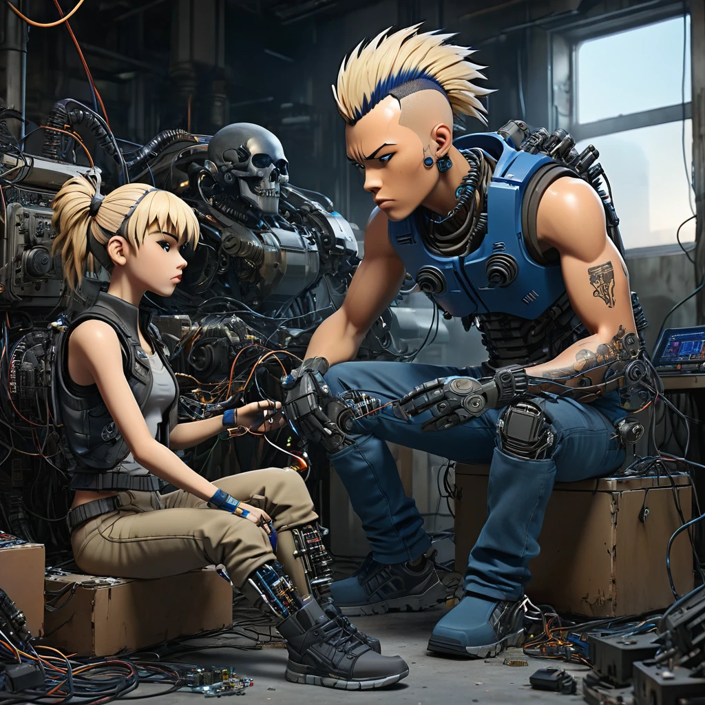 Create an image featuring two central characters surrounded by a chaotic assemblage of mechanical and cybernetic parts. The figure on the left is seated, with fair skin and shoulder-length blonde hair, wearing a gray tank top, brown pants, and cobalt blue shoulder armor. They are holding a colorful sneaker and focusing on repairing it. The figure on the right is kneeling with medium skin tone, sporting a large black mohawk. They wear a sleeveless shirt, dark pants, and examine a small, grotesque cybernetic head with exposed wires and a partial skull. Both display an atmosphere of concentration and are engaged in their tasks in a setting littered with robotic limbs, wires and cybernetic debris. A variety of lights and holographic projections emerge from the technological detritus, casting ambient lighting. The environment should evoke a post-apocalyptic sci-fi setting with a warm, sepia-toned background that subtly blends into a clear, clear sky.