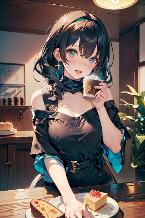 (perky chest:1.2), (pointed chest:1.2),(((Black Tunic:1.3))),(((cakes and bread in the basket),Cute and beautiful girl,Cute round face,Cute smile,with blush cheeks,Red Lip,solo, looking at viewer, open mouth, have a cute grass of cute beergrass,black hair, dark green eyes, dress, bare shoulders, jewelry, collarbone, sidelocks, hairband, earrings, indoors, off shoulder, sweater, arms behind back, plant, short hair with long locks, gild hairband, off-shoulder dress, sweater dress, off-shoulder sweater, black sweater, dark gord hair, big side hair, very long side hair,is rendered in (masterpiece: 1.2, best quality), with (ultra high resolution) and an exquisite (depth of field),(Bangs are see-through bangs),hair pin,hair adornments,detailed clothes features,Detailed hair features,detailed facial features,(Dynamic angles),(Dynamic and sexy poses),Cinematic Light,(masutepiece,top-quality,Ultra-high resolution) ,(The 8k quality,Anatomically accurate facial structure,),(Sea Art 2 Mode:1.3),(Image Mode Ultra HD) ,(Hold a coffee in your hand:1.3),delicate beautiful face, Bright blue eyes, cute eyes, sparkling eyes, Big eyes, (perky chest:1.1), (pointed chest:1.3), looking at viewer,