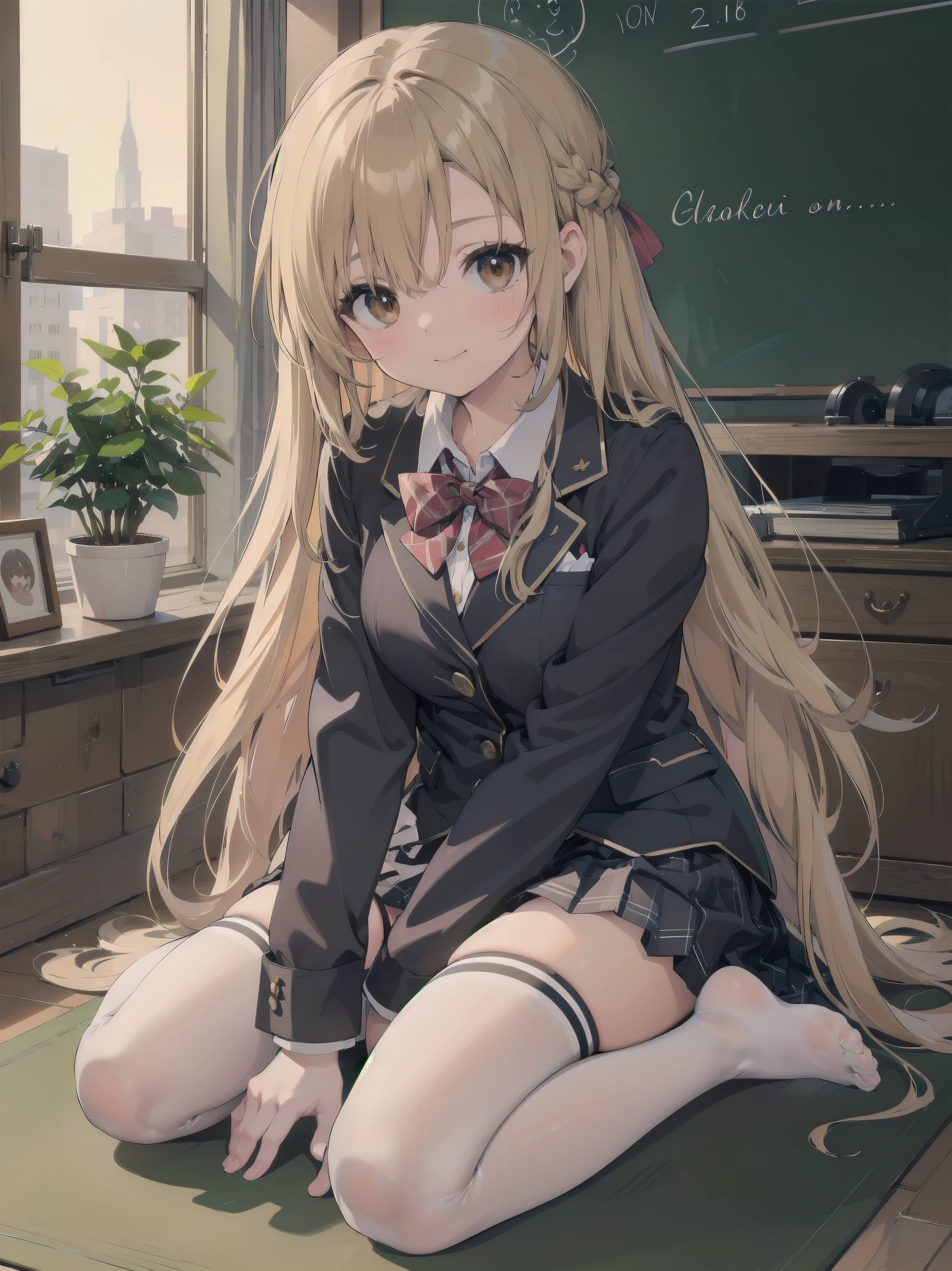 1girl, solo, long hair, breasts, looking at viewer, blush, smile, bangs, skirt, blonde hair, brown hair, shirt, thighhighs, long sleeves, bow, brown eyes, sitting, closed mouth, , jacket, full body, white shirt, braid, thighs, pleated skirt, collared shirt, indoors, bowtie, red bow, feet, white thighhighs, lips, legs, parted bangs, plaid, toes, plaid skirt, no shoes, blazer, blue jacket, red bowtie, knees up, on floor, chalkboard, asuna \(sao\)