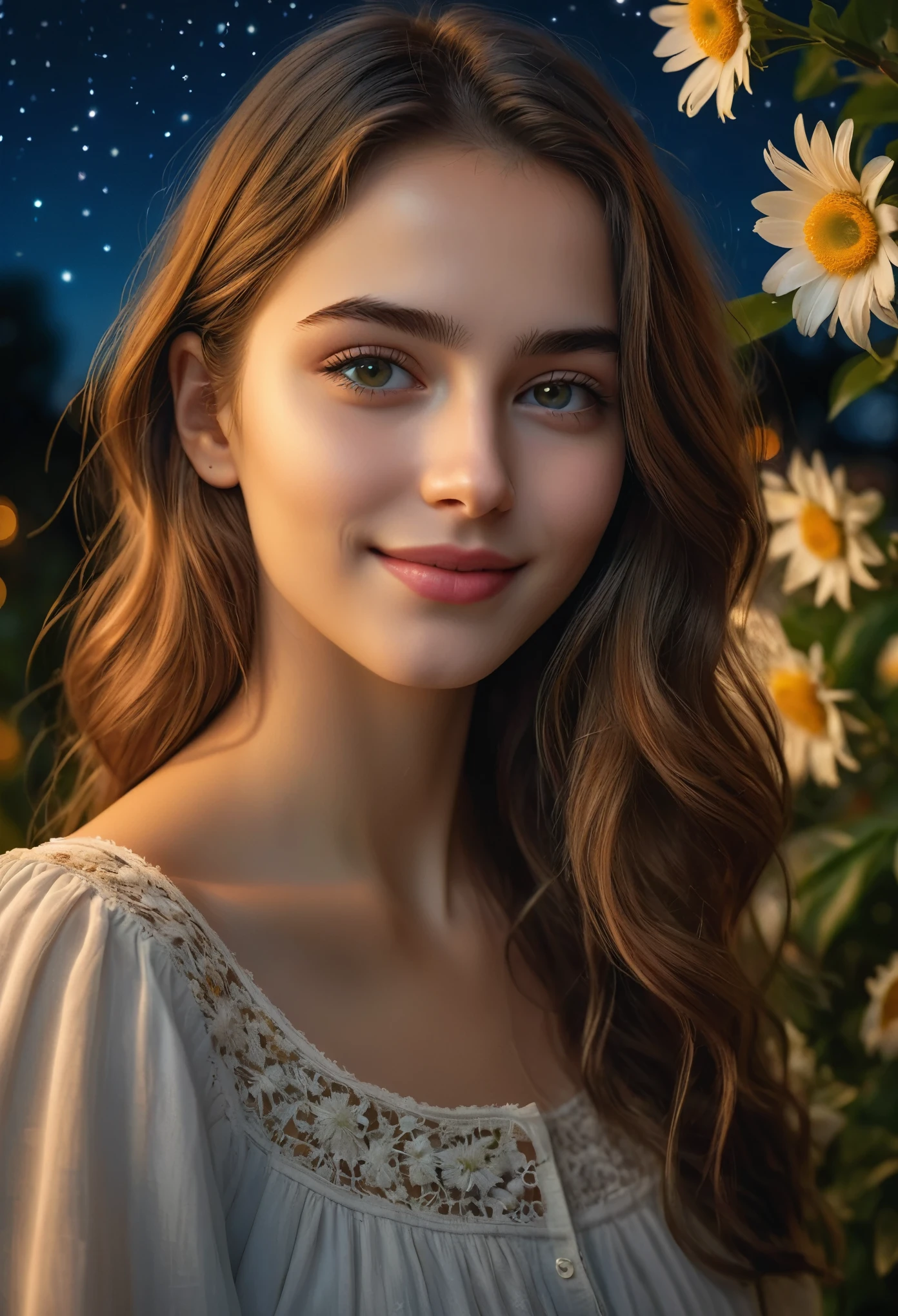 (best quality,4k,8k,highres,masterpiece:1.2),ultra-detailed,(Ultra-realistic, photorealistic,photo-realistic:1.37), a beautiful young girl with a shy smile in a lush garden at night, detailed high resolution 8k photo, detailed background, dutch angle wide shot, detailed girl with beautiful eyes, nose, and lips, detailed flowers, starry night sky, (best quality,4k,8k,highres,masterpiece:1.2),ultra-detailed,(realistic,photorealistic,photo-realistic:1.37),HDR,UHD,studio lighting,ultra-fine painting,sharp focus,physically-based rendering,extreme detail description,professional,vivid colors,bokeh,portrait,photography