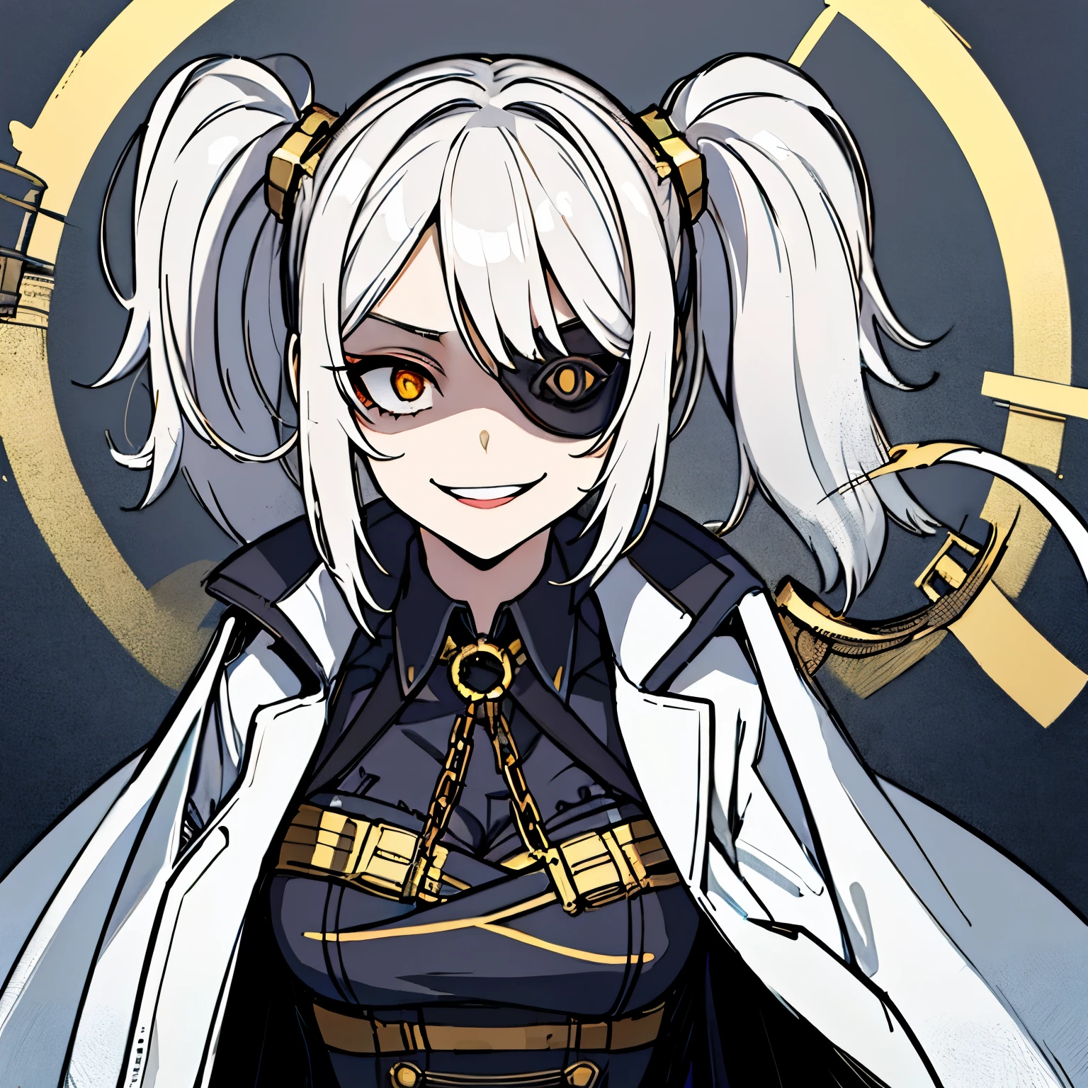 (absurdres, 8k, 4k, masterpiece, hyper extreme detailed:1.2), solo, 1girl, front view, perfect face, 1girl, portrait, expressive eyes, solo, standing, Female, girl with goggles and a chain around her neck, cyber goggles, victorian goggles, round goggles, goggles, cyberpunk monocle!, goggle eyes, steampunk googles, steampunk goggles, wearing victorian brass goggles, weak, female, small breasts, pale, cream colored hair, long hair, gold eyes, swept bangs, slim, slender, intelligent, genius, mad scientist, twin tails, Inventor, confident, perfect anatomy, futuristic, fingerless gloves, chest harness, pervert, half body, lab coat, belts, crazy face, crazy eyes, crazy smile, 1girl, futuristic, labcoat, white hair, mature, adult, attractive, skirt, hologram, monocle, wide smile, jovial, poofy twin tails, big hair, tesla coil, evil. criminal, shaded face, shadow over eyes, insane, scary, menacing, malicious, shadows, nighttime, experiment,