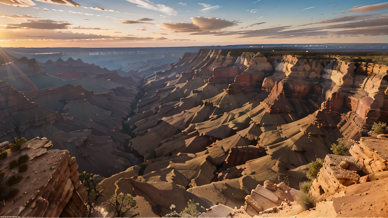Advertising photo, panoramic wide angle shot, at grand canyon, full view, shoot from top of rock of plateau in front, overlooking the mountain & valley, , enjoy the scene, 8k photorealistic, 8k photorealistic, in dawn with the sun just rise at far
