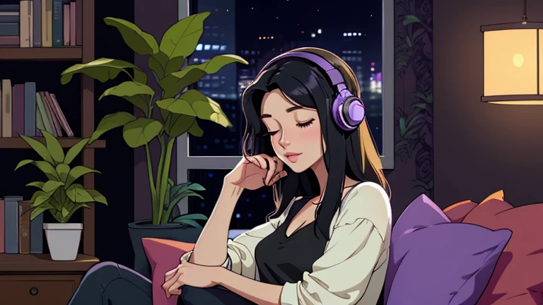 Beautiful woman in her 30s with black hair is sitting on the sofa with her eyes closed. and wearing headphones listening to music. Looking down, eyes closed, LOFI girl, alone in the room, V-neck blouse, cozy wallpaper, big cushion, bookshelf, plants, relaxing mood, night core, cozy, wide glass window with skyscrapers, outside view at night, only five fingers, dark room, purple wall,