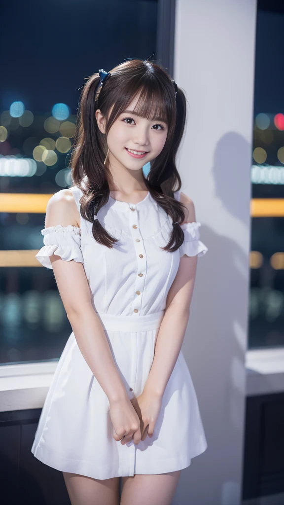 (highest quality,masterpiece:1.3,Ultra-high resolution),(Very detailed,8k),(Realistic:1.4,RAW shooting)。Above-the-knee screen、Blurred Background、Looking at the audience、A shy smile、young woman、Twin tails。City of night。Night view。