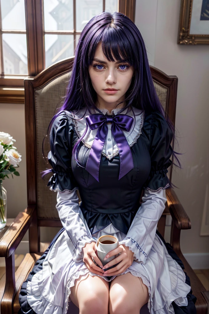 ultra-detailed, Beautiful Nose, Beautiful character design, perfect eyes, perfect face, ultra highres, girl in a chair with a cup of coffee, professional cosplay, HD Raw Photography, professional photoshoot, a cute girl, cosplay of anime girl in a maid costume, high detailed photo, in dress, frederica bernkastel, purple eyes, purple hair, long hair, 16K CGI, photorealistic, purple bow, dress, frills, empty eyes, expressionless, Masterpiece