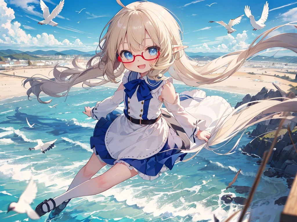 sitting on the balloon, sky, flying, (()), ((loli:1.5)),olo)), blue eyes, beautiful detailed eyes, glossy blonde hair, ahoge, long hair, glasses, elf, blush, happy smile, full body, ((windy:1.5)), ((birds)), :d, spread arms, ((from above))