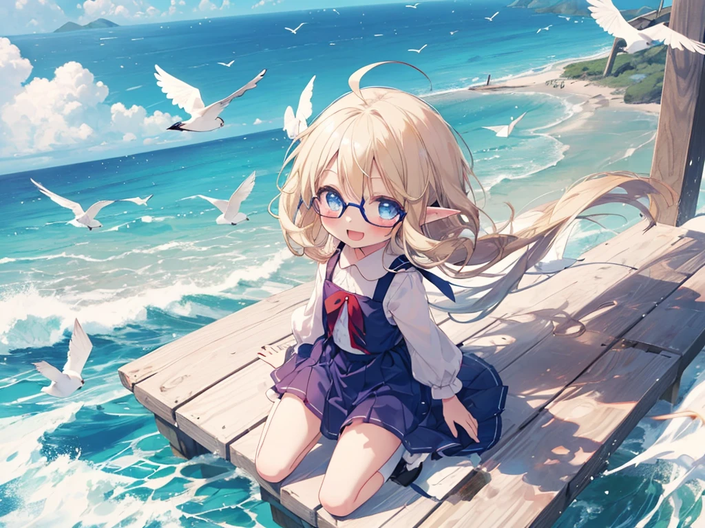 super detailed, highest quality, High resolution, ((8K)), ((youngest son:1.4)), 2 girls, pale skin, , (shiny blonde hair), (long hair), blue eyes, (Ahoge:1.3), ((Borderless glasses)), ((pointed ears)), (blush:1.5), ((single short braid:0.8)), (Smile:1.5), ((cowboy shot)), ((watercolor)), butcher, open your mouth, ((panty shot)), white panties