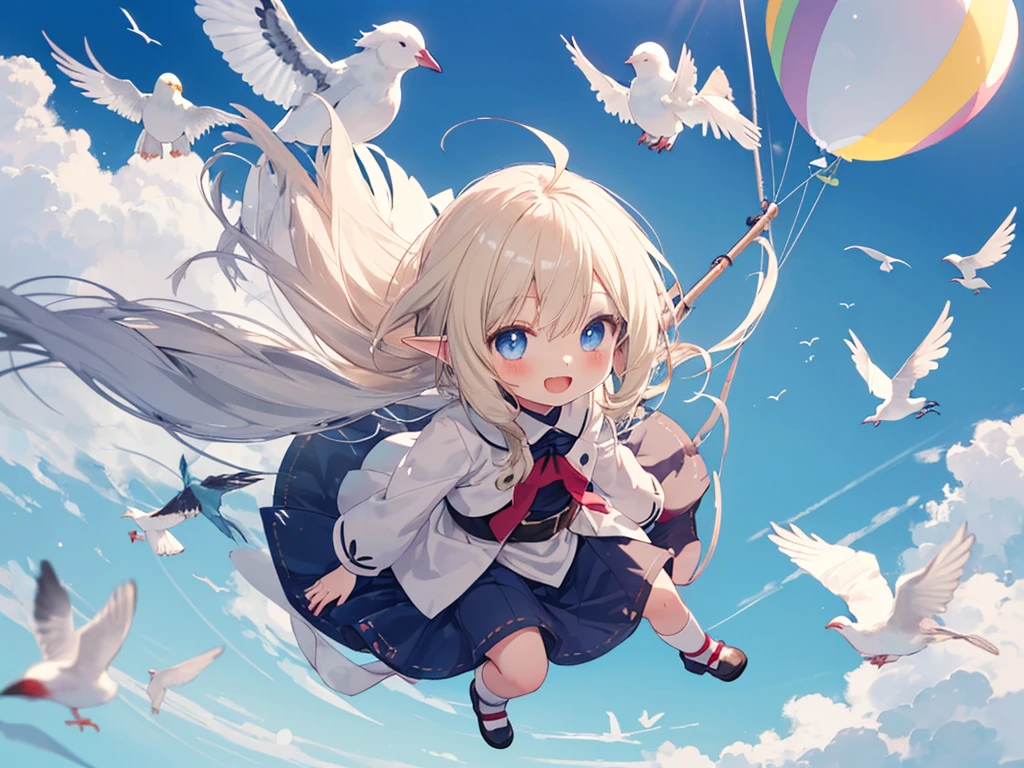 sitting on the balloon, sky, flying, (()), ((loli:1.5)),(solo)), blue eyes, beautiful detailed eyes, glossy blonde hair, ahoge, long hair, glasses, elf, blush, happy smile, full body, ((windy:1.5)), ((birds)), :d, spread arms, ((from above))