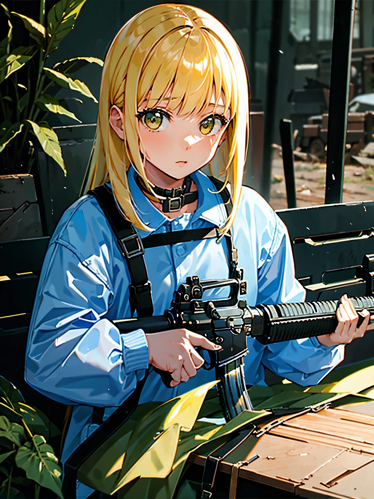 masterpiece, best quality, solo focus, 1girl, (holding an m16a2)