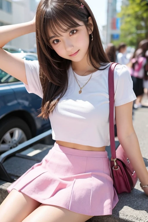 Cute Girls、high school girl、Pink mini skirt、sit