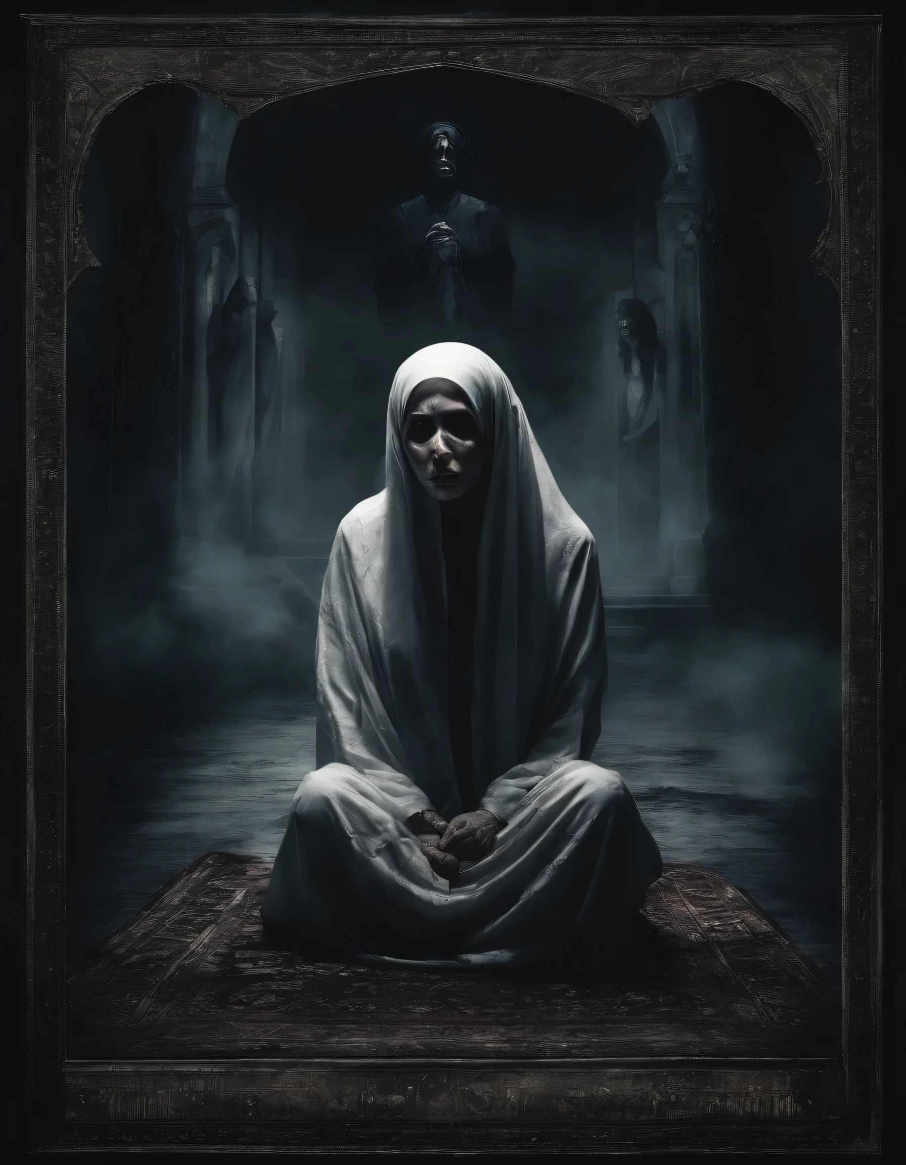 The image shows an Indonesian horror film poster with a creative design, full body shot of a beautiful woman wearing a hijab crying on a prayer mat, her face very scared while sweating, with the background of a long-haired zombie ghost standing behind the woman, an eerie night atmosphere with smoke effects, looks like a movie, ultra hd 32K, ultra realism, hyperrealistic, best quality, intricate details, masterpiece.