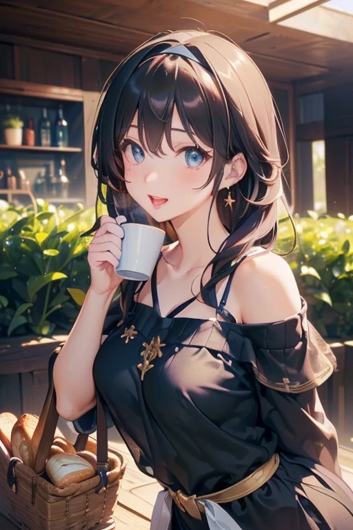 (perky chest:1.2), (pointed chest:1.2),(((Black Tunic:1.3))),(((cakes and bread in the basket),Cute and beautiful girl,Cute round face,Cute smile,with blush cheeks,Red Lip,solo, looking at viewer, open mouth, have a cute grass of cute beergrass,black hair, dark green eyes, dress, bare shoulders, jewelry, collarbone, sidelocks, hairband, earrings, indoors, off shoulder, sweater, arms behind back, plant, short hair with long locks, gild hairband, off-shoulder dress, sweater dress, off-shoulder sweater, black sweater, dark gord hair, big side hair, very long side hair,is rendered in (masterpiece: 1.2, best quality), with (ultra high resolution) and an exquisite (depth of field),(Bangs are see-through bangs),hair pin,hair adornments,detailed clothes features,Detailed hair features,detailed facial features,(Dynamic angles),(Dynamic and sexy poses),Cinematic Light,(masutepiece,top-quality,Ultra-high resolution) ,(The 8k quality,Anatomically accurate facial structure,),(Sea Art 2 Mode:1.3),(Image Mode Ultra HD) ,(Hold a coffee in your hand:1.3),delicate beautiful face, Bright blue eyes, cute eyes, sparkling eyes, Big eyes, (perky chest:1.1), (pointed chest:1.3), looking at viewer,