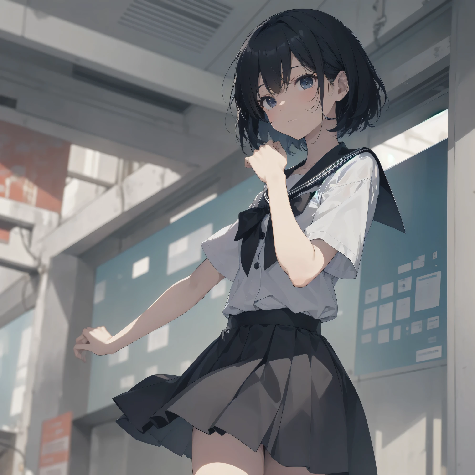 ultra-absurdres-Top quality by artist God, ultra-detailed, high resolution, anime moe artstyle, best anime 8k konachan wallpaper, pixiv contest winner, pool:2810, perfect anatomy,break, 1girl, (Please draw a girl walking sleepily to school alone. )break,(Solo,little female, 13-year-old:1.3),Full limbs, complete fingers,a junior high school student, (very short hair), short cut, flat chest, , small butt, small black eyes, beautiful detailed eyes, well-proportioned iris and pupils, expressive eyes, highres detailed hair, soft expression, salor school_uniform, sailor collar, serahuku, bow, pleated skirt,(Detailed Lighting), (Detailed background), in the School commute route. break,super detailed skin, Best cinematic lighting powered by famous artist, 8k,beauty illustration,photoshop_(medium),very aesthetic,break,((artist:nyantcha )), artist:clamp ,artist:carnelian ,artist:kantoku ,