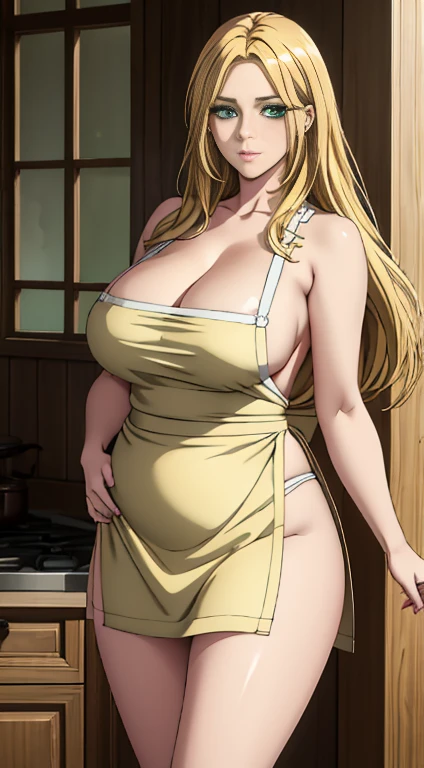 Cute girl, medium breast, MILF, thigh legs, Long blonde hair, hair over shoulder, green eyes, (Wearing flesh-colored fabrics), fat body, fat shaped body, ultra realistic squinting sexy eyes , kitchen apron , standing, thigh legs, green colour eyes, ultra realistic detailed shiny green eyes, beautiful and perfect face, sunlight and garden background, blonde hair, bright green colour eyes