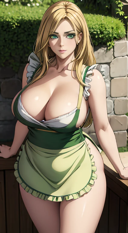  Cute girl, medium breast, MILF, thigh legs, Long blonde hair, hair over shoulder, green eyes, (Wearing flesh-colored fabrics), fat body, fat shaped body, ultra realistic squinting sexy eyes , kitchen apron , standing, thigh legs, green colour eyes, ultra realistic detailed shiny green eyes, beautiful and perfect face, sunlight and garden background, blonde hair, bright green colour eyes