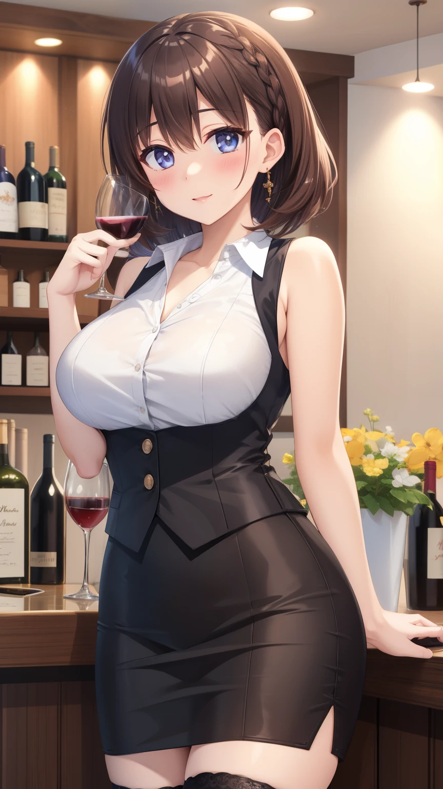 1girl, natural lighting, masterpiece, highly detailed, illustration, game CG, absurdres, high quality, aichan, large breasts, beautiful detailed eyes, short brown hair, side braid, collarbone, waistcoat, short pencil skirt, thigh highs, sleeveless, hostess club, wine bar, welcoming